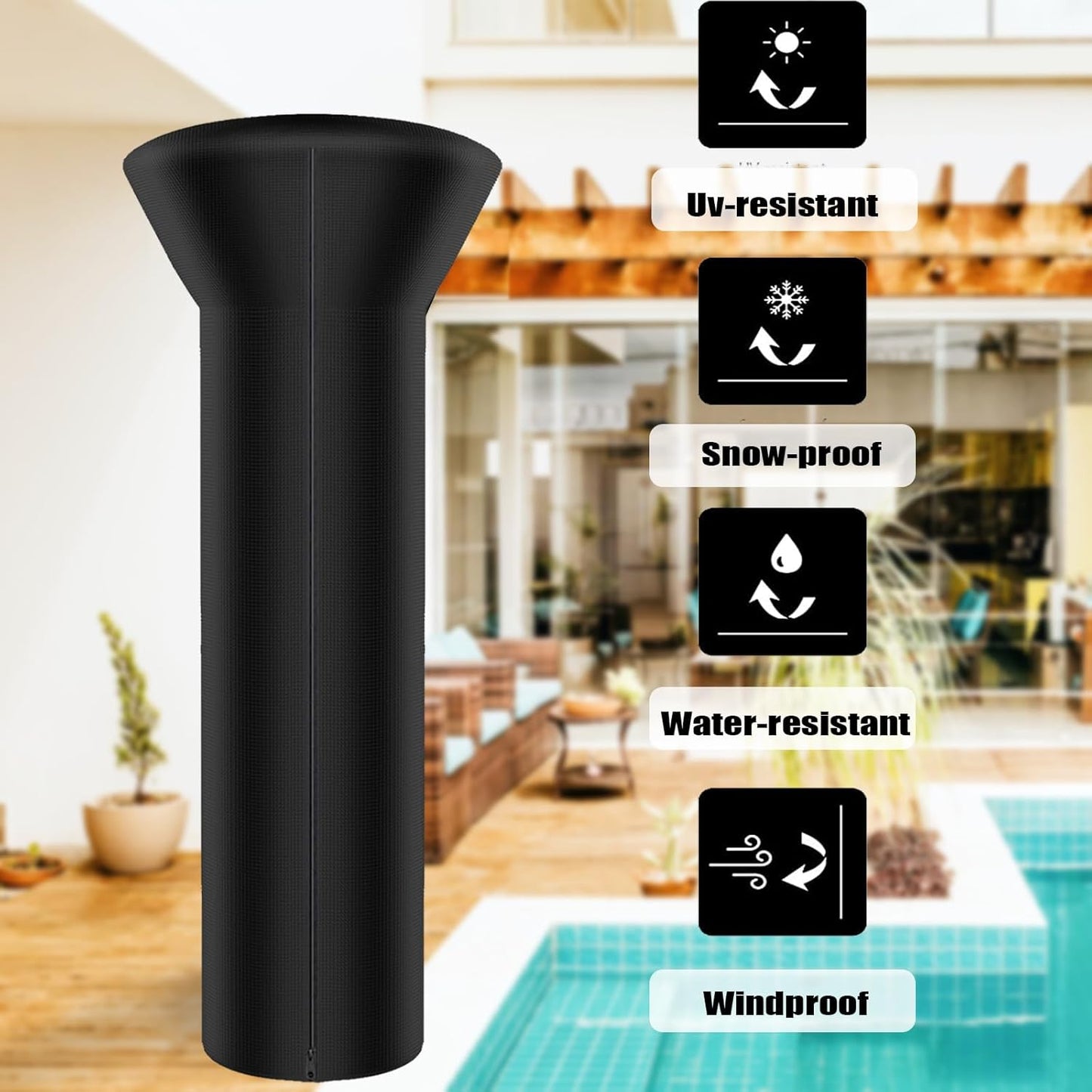 SIRUITON Patio Heater Covers with Zipper and Air Vent,Waterproof Outdoor Heater Cover, Dustproof,Wind-Resistant,UV-Resistant,Snow-Resistant,（87" Height x 33" Dome x 19" Base, 420D Black）