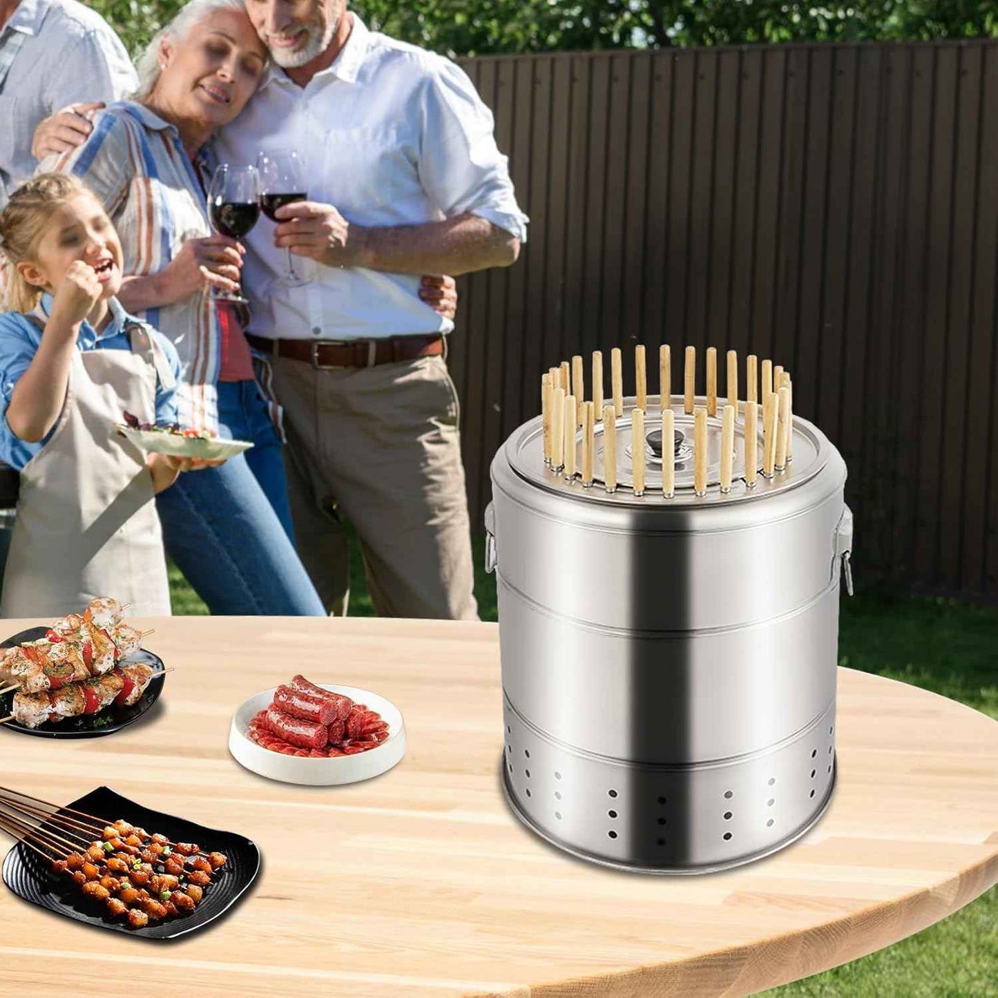28 Skewer Charcoal Barrel Grill,360° Smokeless Portable Outdoor BBQ Grill with Stainless Steel Surround,Large Capacity for 6-10 People,for Picnics Camping Travel & Backyard