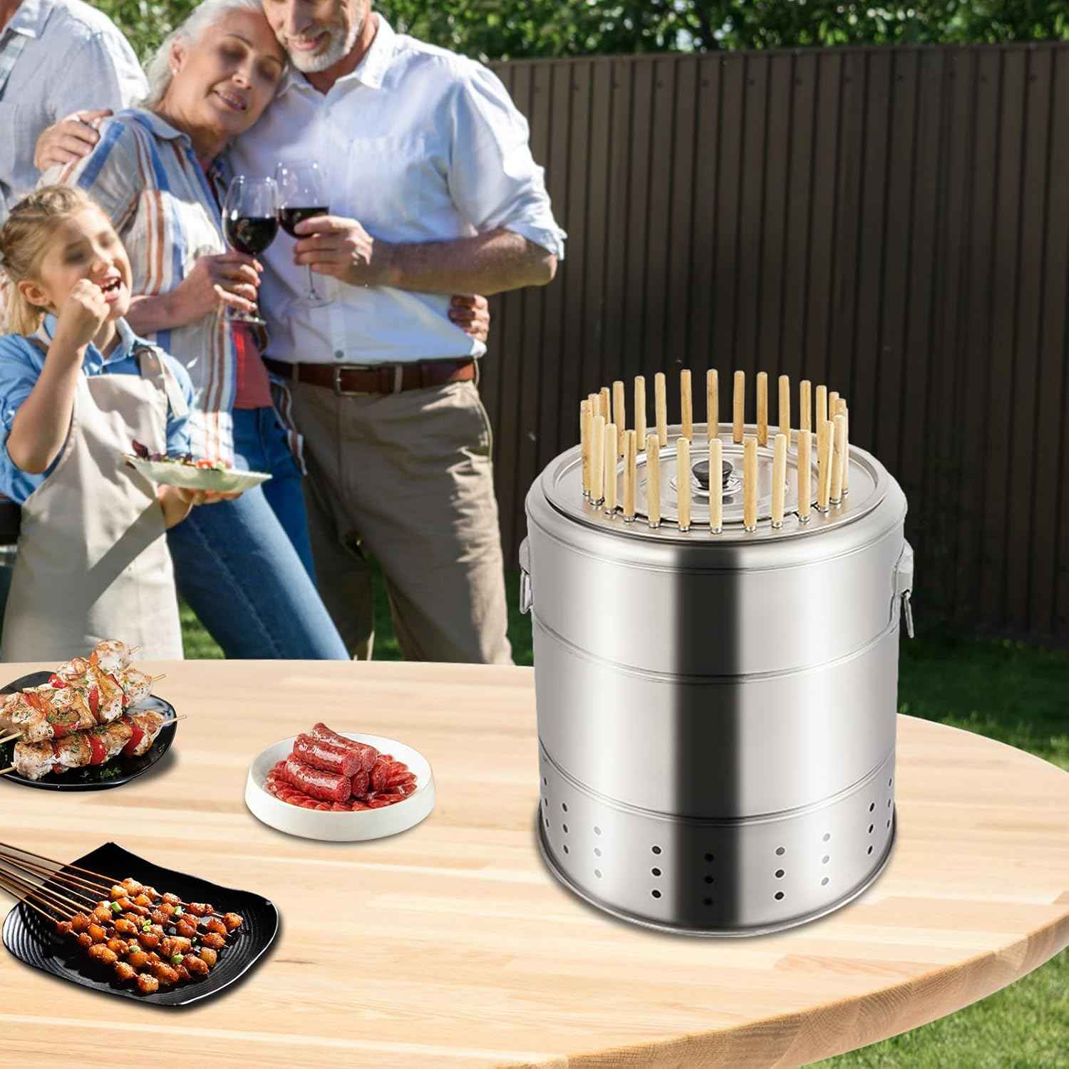 28 Skewer Charcoal Barrel Grill,360° Smokeless Portable Outdoor BBQ Grill with Stainless Steel Surround,Large Capacity for 6-10 People,for Picnics Camping Travel & Backyard