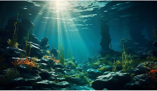 Aquarium Background Ocean Floor Fish Tank Background Underwater Coral Reef Stone Aquarium Backdrop Seaweed Background Sunlight Tank Backdrop Perfect Aquarium Backdrop Durable Vinyl 48x24in