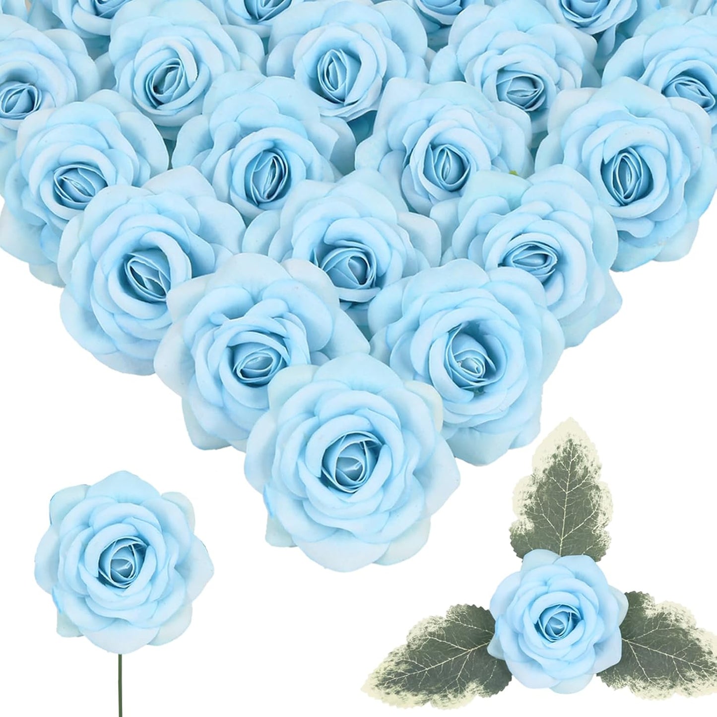 25PCS Rose Artificial Flower Heads 7 CM 2.75 in Velvet Rose Flowers Real Look Rose Flower Heads for DIY Wedding Home Party Baby Shower Decor (Light Blue)