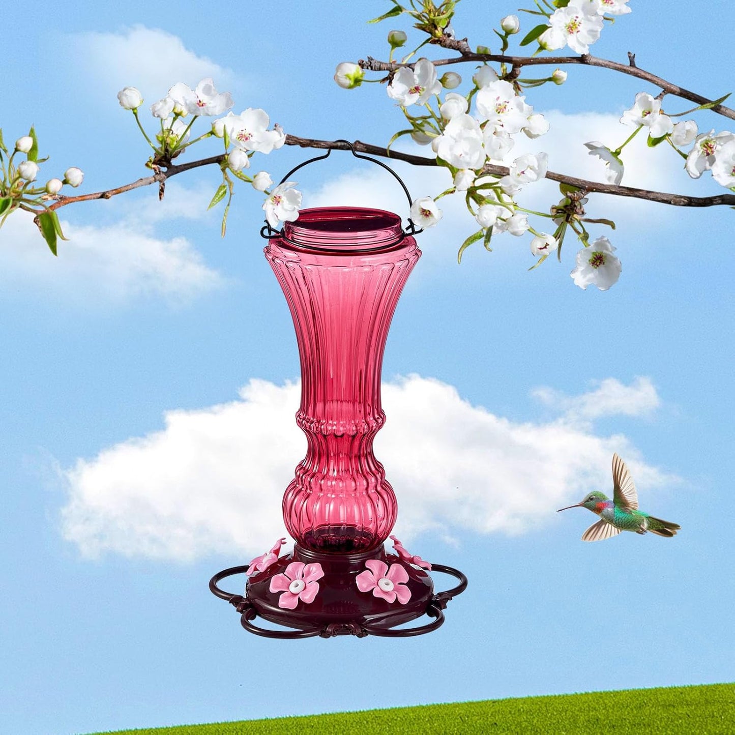 Hummingbird Feeder for Outdoors Plastic Humming Bird Nectar Feeders with 5 Flower Feeding Ports Hanging for Garden Decor, 20 oz (2 Pack