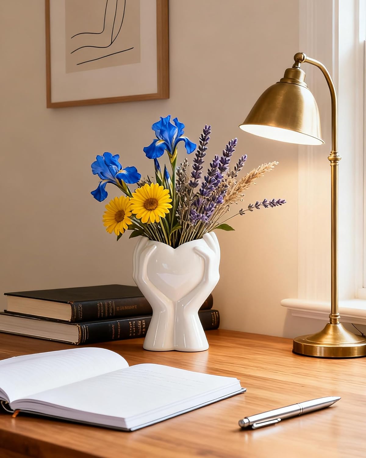 A Heart Held in Two Hands White Vases for Flowers - Cute Modern Small Ceramic Flower Vase for Pampas Grass - Decorative Table Vase for Coffee or Dining Table Centerpiece, Shelf - Gift for Mom (White)