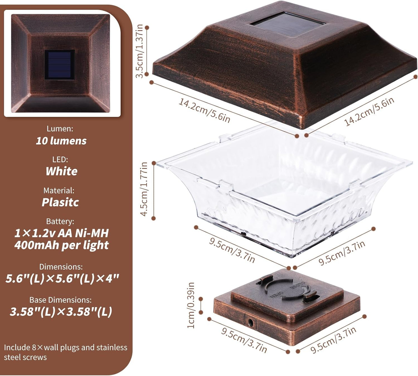 SUNWIND Solar Post Cap Lights Outdoor 4x4 LED Solar Garden Lighting Deck Fence Cap Light Wooden Post Brushed Copper 4 Pack