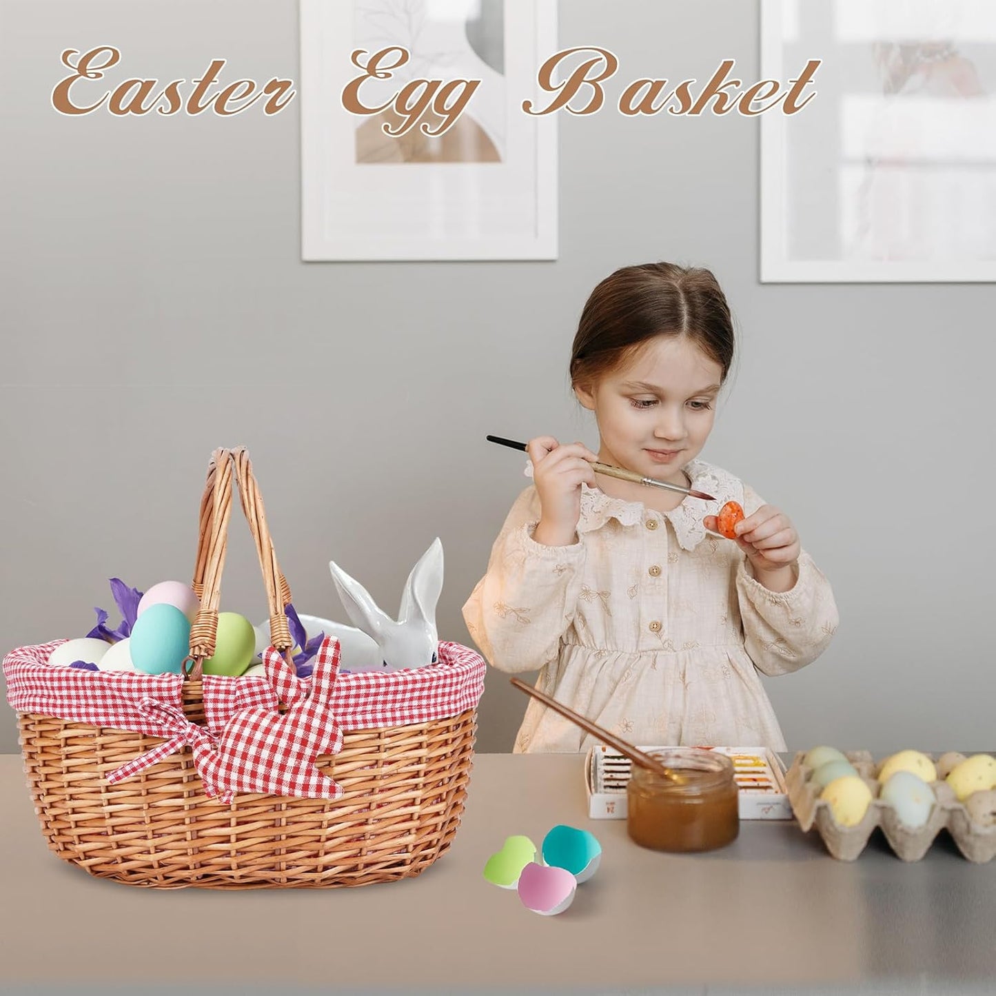 G GOOD GAIN Wicker Picnic Basket with Double Folding Handles,Willow Picnic Hamper,Natural Hand Woven Easter Basket,Easter Eggs and Candy Basket,Bath Toy and Kids Toy Storage,Gift Packing Basket.Red