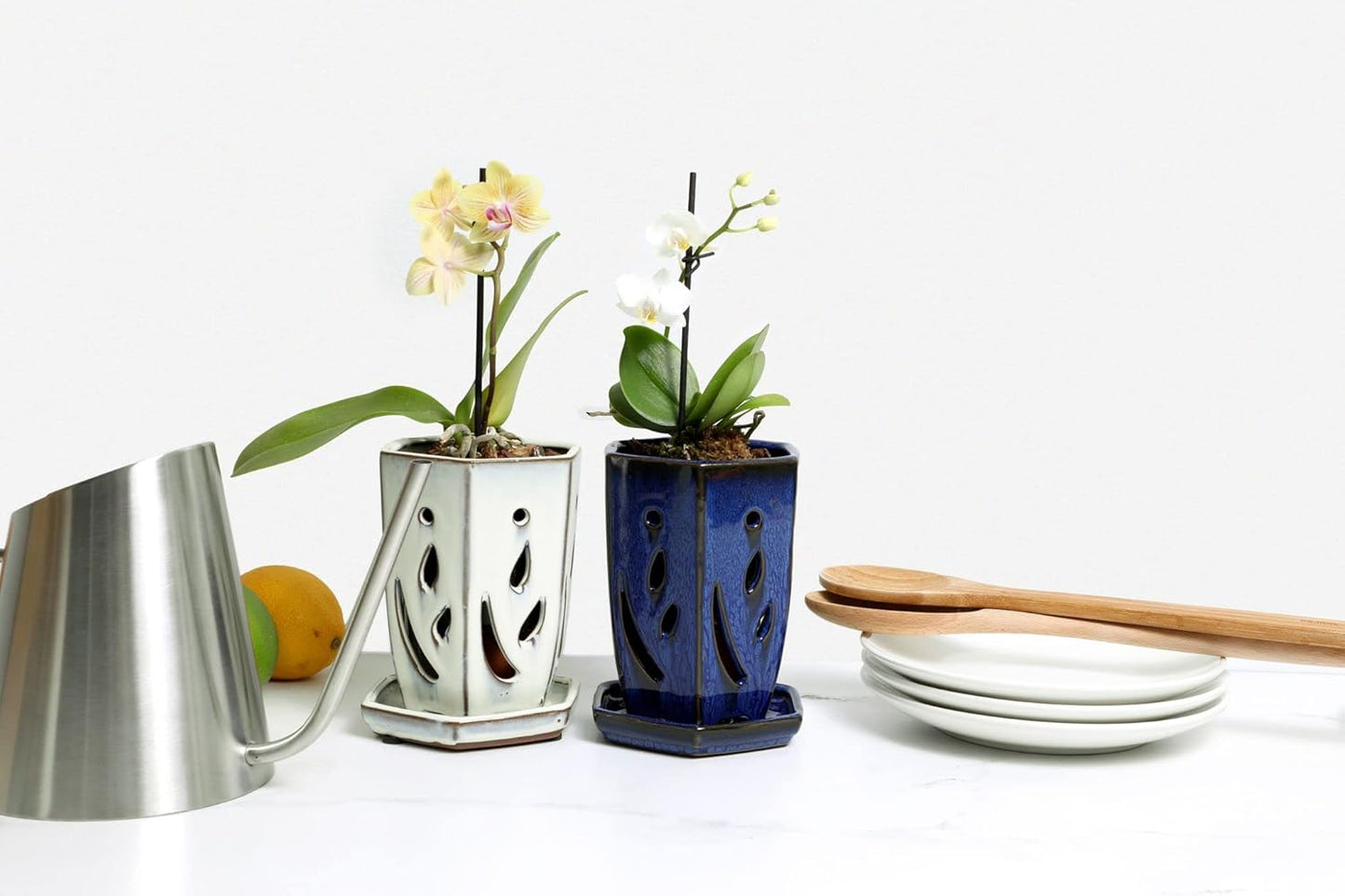 rePotme 4 x 6 inch Ceramic Orchid Pot (Sky Blue Over Cobalt) - Hexagon Orchid Pot with Holes