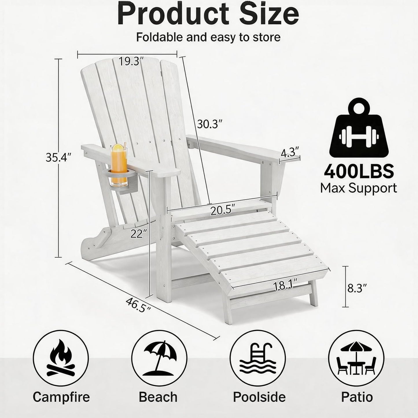 Folding Adirondack Chair with Retractable Ottoman,HDPE Outdoor Adirondack Chair with Cup Holder,All-Weather Lounge Chairs for Outside,Patio,Pool,Fire Pit,White