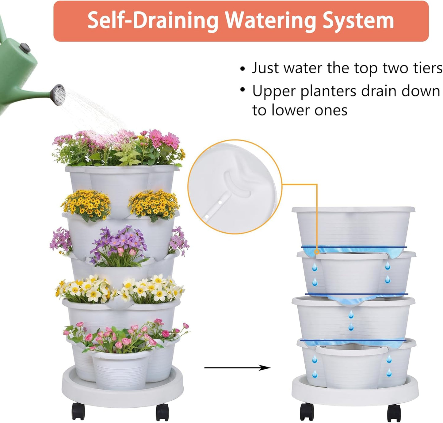VECELO 5 Tier Vertical Garden Planter, Self Watering Stackable Planters with Wheels for Strawberries, Herbs, Flowers, Vegetables, White