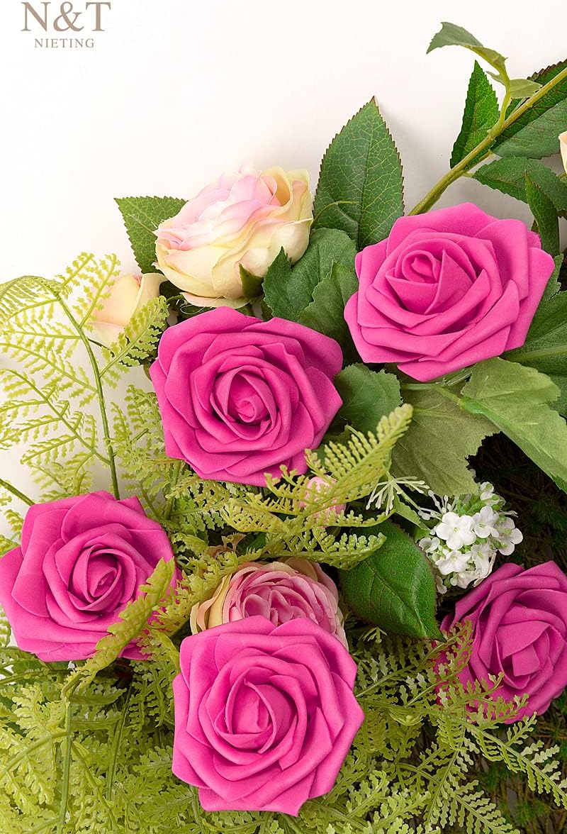 N&T NIETING Artificial Flowers, Hot Pink Artificial Roses, 50pcs Fake Flowers with Stem for DIY Wedding Bouquets Centerpieces Bridal Baby Shower Party Home Arrangement Decoration