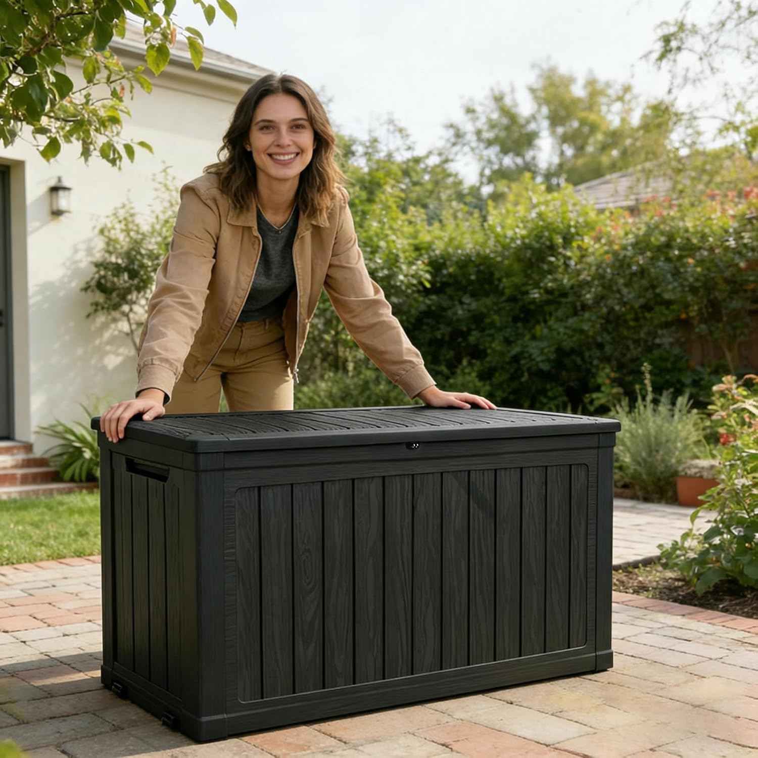 230 Gallon Lockable Resin Deck Box, Waterproof Outdoor Storage Box for Patio Furniture Cushions, Garden Tools & Pool Accessories Storage, Black