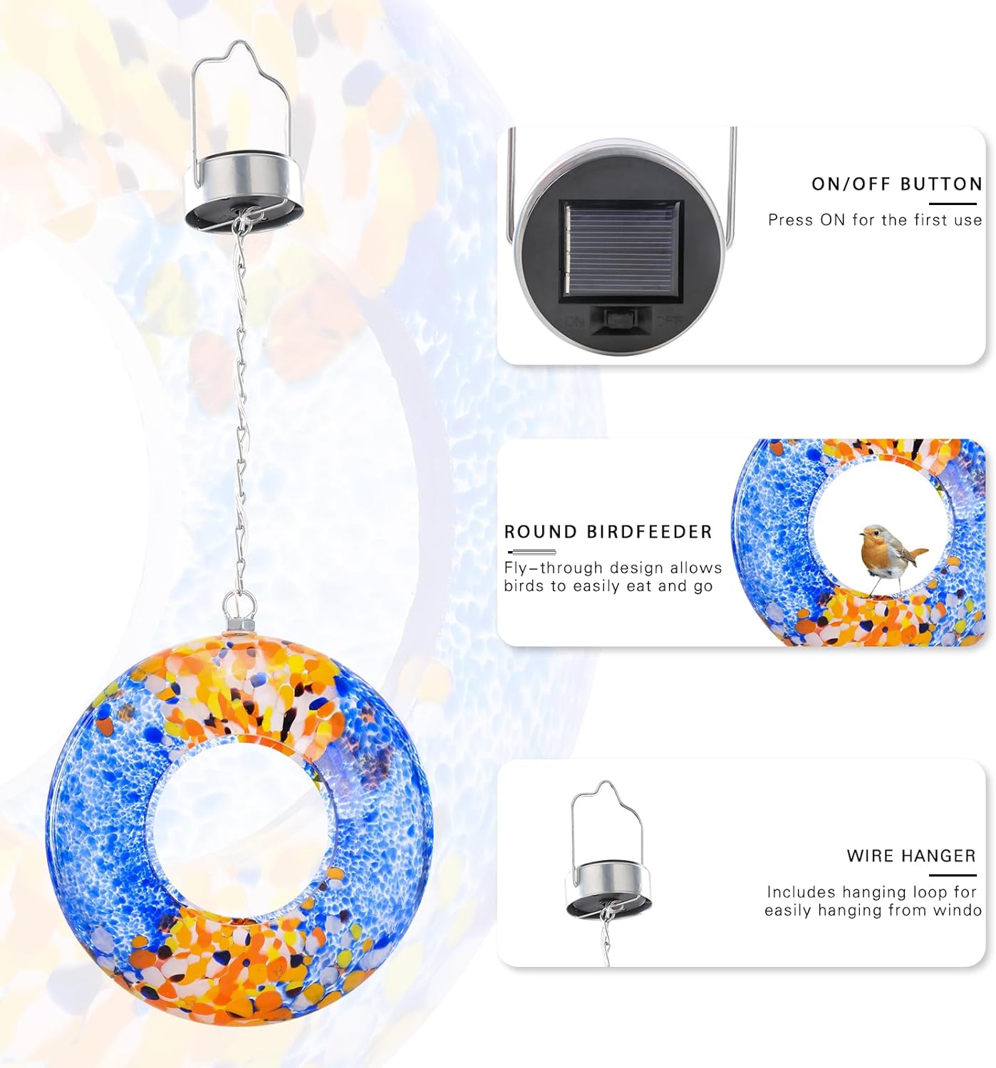 VCUTEKA Bird Feeder Solar Fly Through Bird Feeders for Outside Hanging with Round Shape Glass Container to Attract Wild Birds for Garden Decor, Solar Birdfeeder as Gift for Lovers, Multi 8-Inch