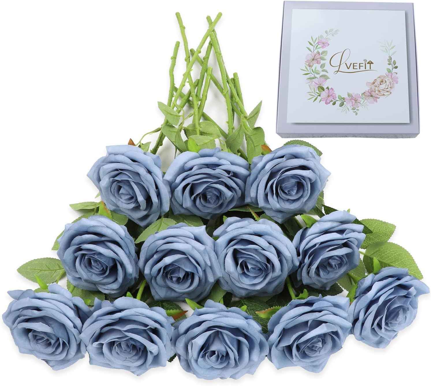 LVEFIT Artificial Rose Flower Dusty Blue Flowers Dusty Blue Roses Silk Flowers 12 pcs with Long Stem Silk Roses Bouquet for Wedding Bridal Shower Party Home Decoration