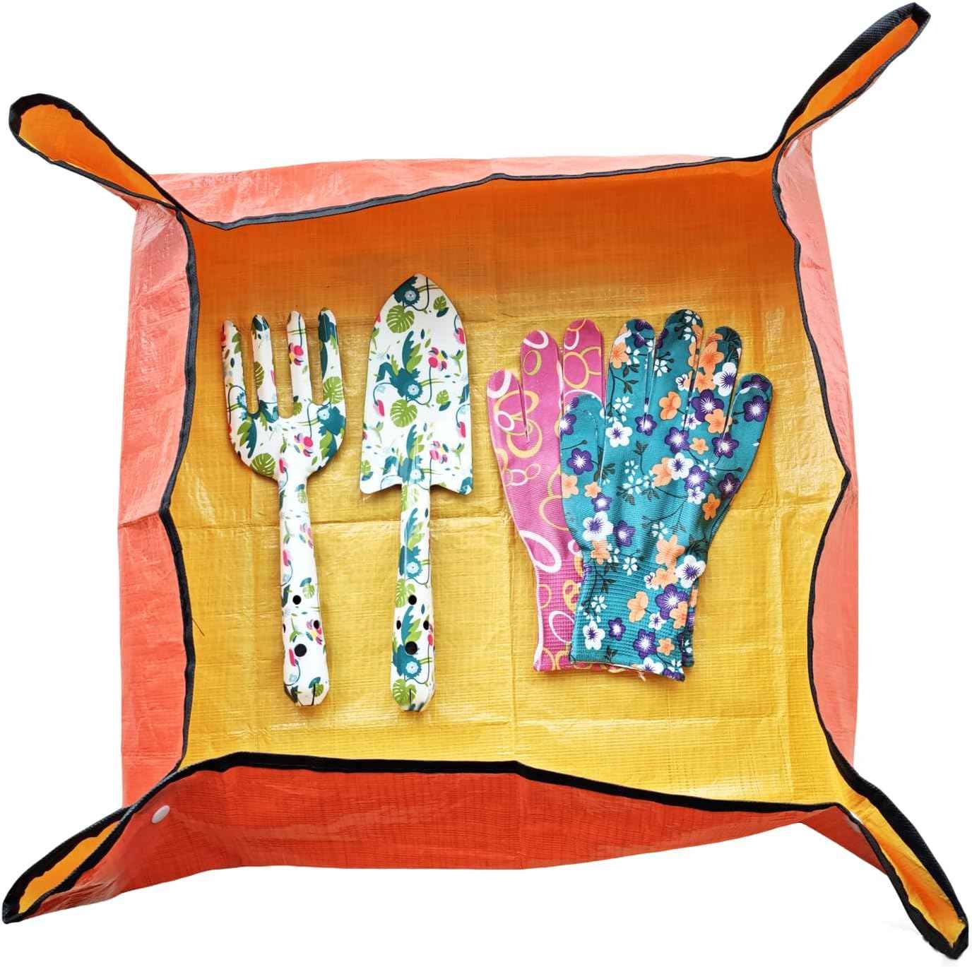 Printed Floral Garden Tool Set,Aluminum Garden Tools Set, Heavy Duty Gardening Tool Kits,4 Pcs Gardening Tools with Trowel, Rake, Garden Gloves&Repotting Mat,Ideal Gift for Women