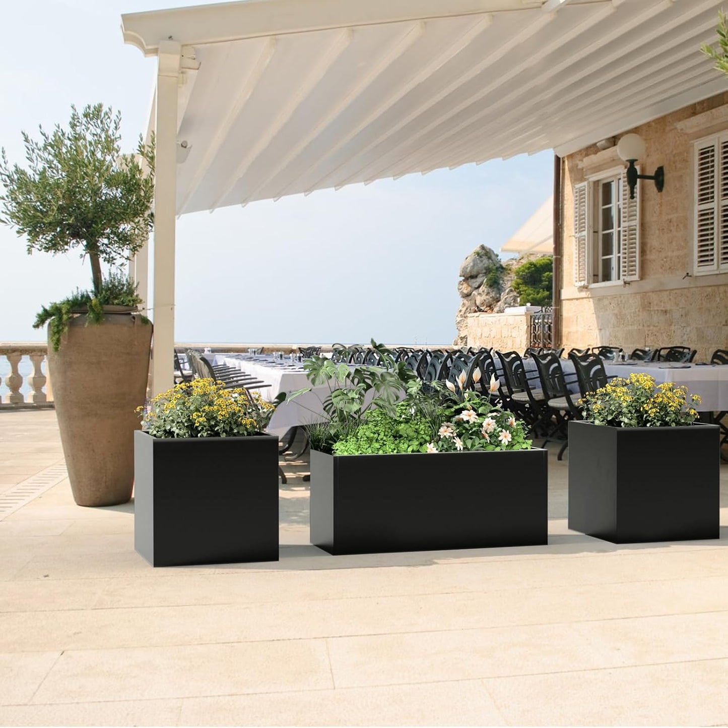 Long Metal Cube Planter for Outdoor Plants 15" W x 38" L x 16.25" H, Heavy Duty Steel Rectangular Planter Box with Removable Insert Shelf, Modern Décor for Outside, Indoor, Garden (Black)
