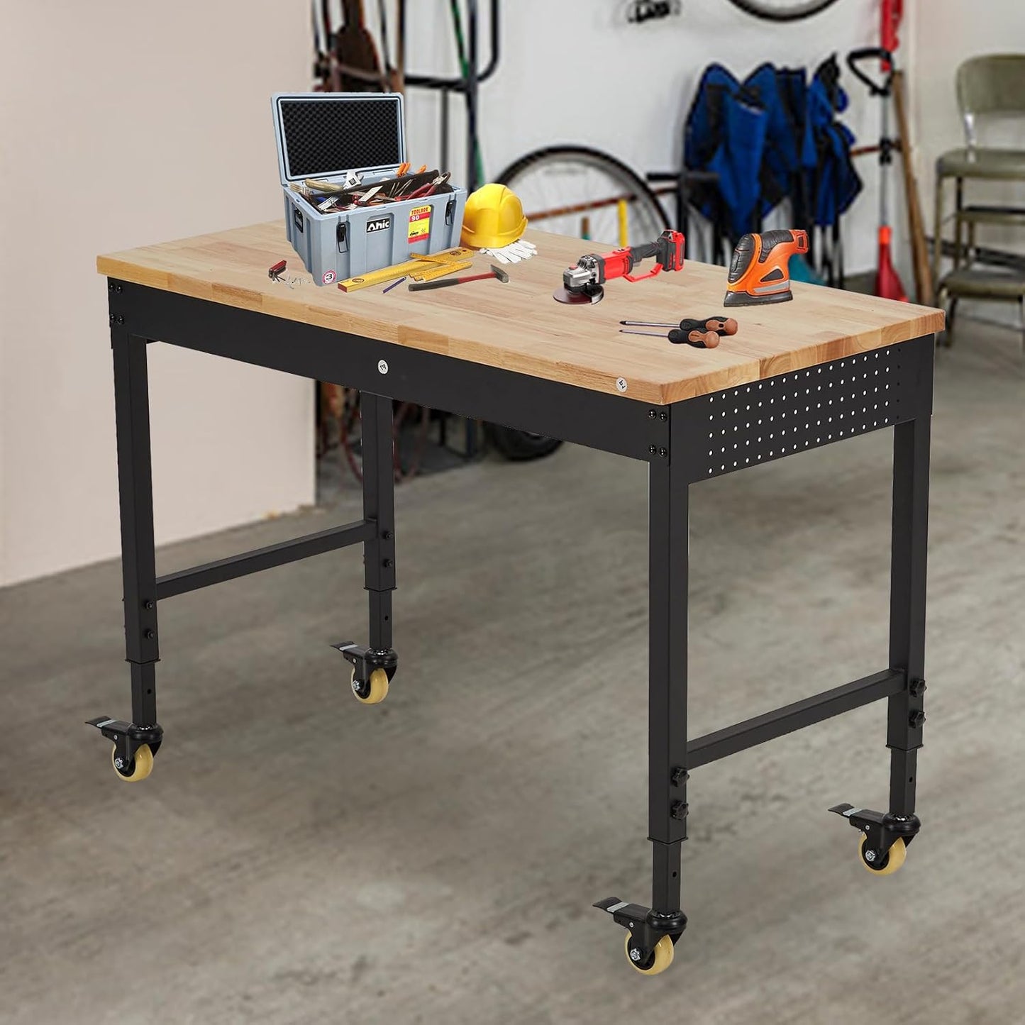 60" x 22" Heavy-Duty Adjustable Height Workbench with Power Outlets, Rubberwood Top, 2000 Lb Capacity, Locking Wheels, Mobile Garage & Office Workstation