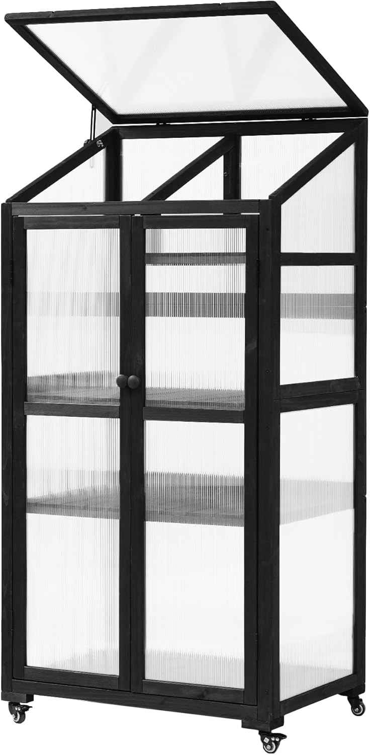 UMISOL 62" H Wooden Greenhouse, Balcony Portable Cold Frame with Wheels and Adjustable Shelves, Large Greenhouse for Outdoor Indoor Use, Black
