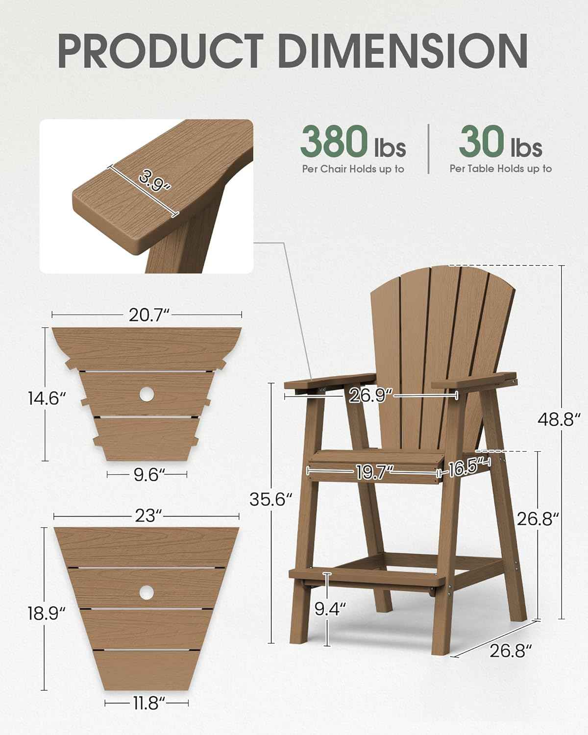 Tall Adirondack Chairs Set of 2, HDPE High Adirondack Chairs with Double Removable Trays, All Weather Outdoor Barstools for Patio, Balcony, Backyard, Deck and Garden, Teak