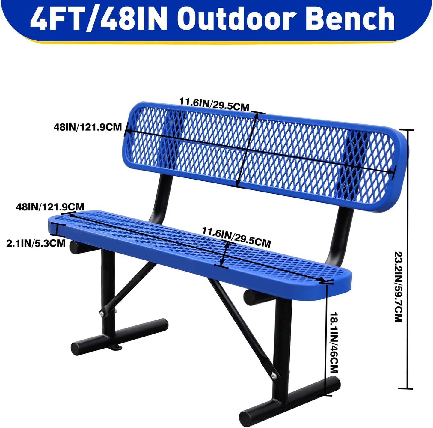 Heavy Duty Park Bench with Back Portable Frame, Outdoor Metal Park Bench with Backrest, Steel Mesh Outdoor Bench for Garden, Lawn, Patio, Porch, Park, Yard (Blue, 48" D x 23.2" W x 32.5" H)