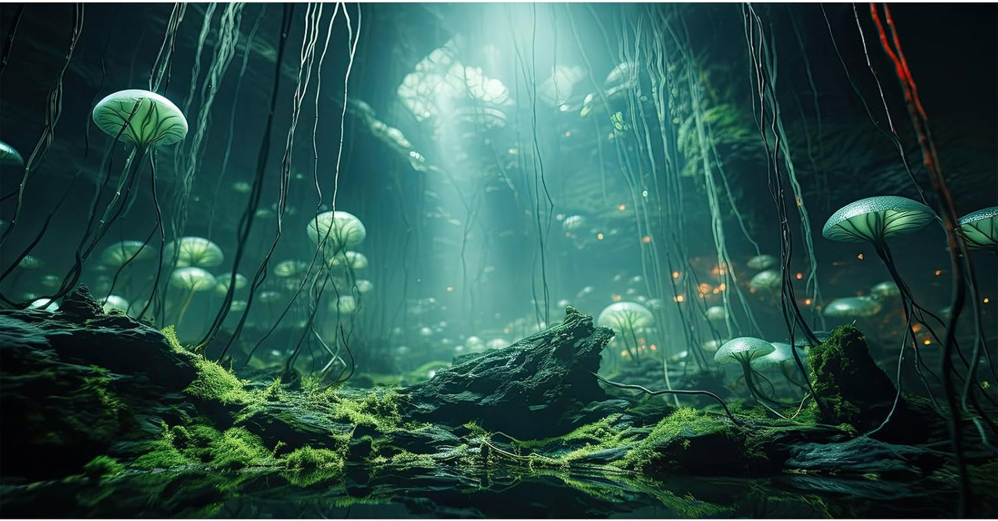 Aquarium Background Foggy Stone Mushroom Green Moss Fish Tank Background Mysterious Green Seaweed Scenery Aquarium Backgrounds White Mushroom Reptile Tank Enclosure Backgrounds Wallpaper 60x24in