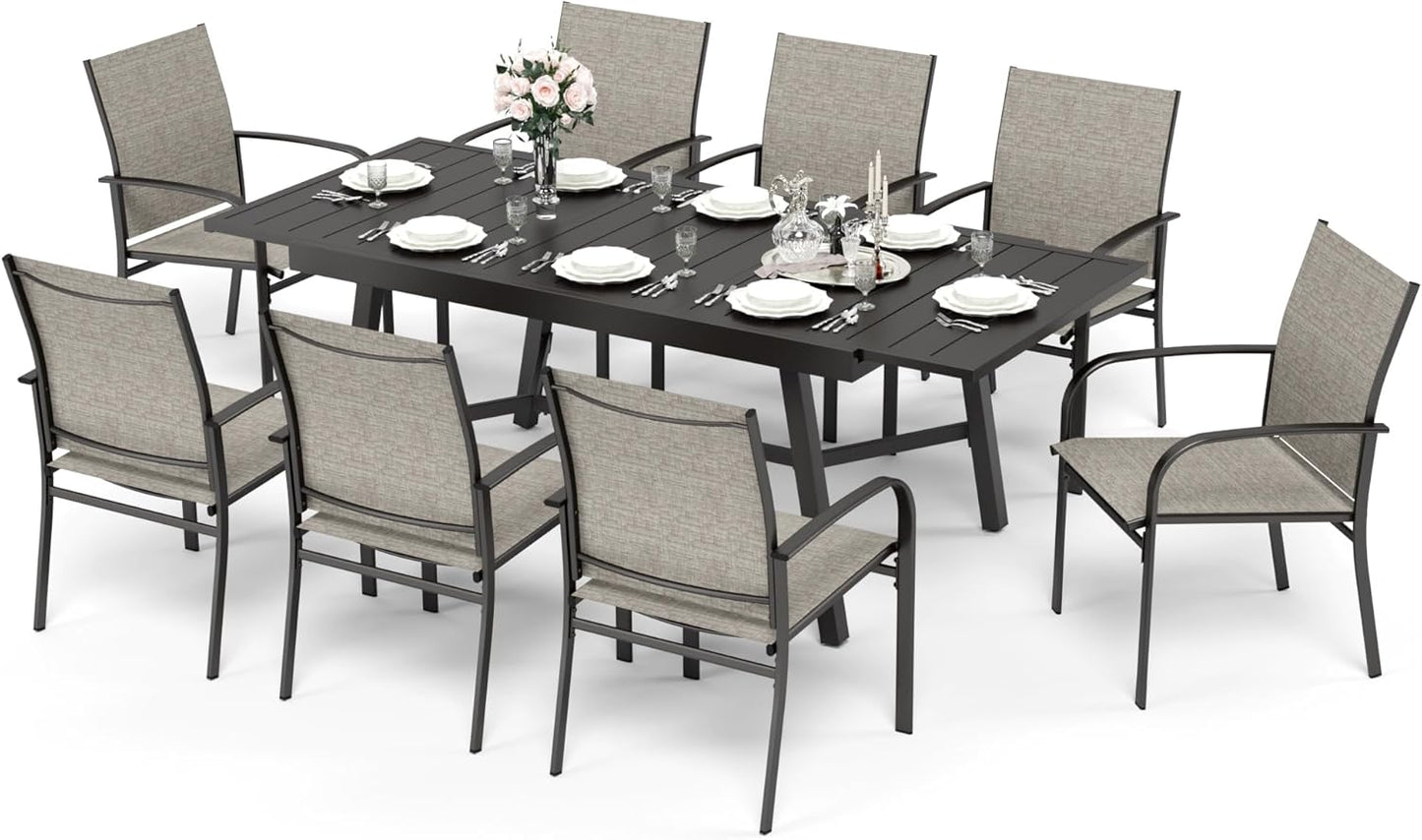 HERA'S HOUSE Extendable Patio Table and Chairs Set for 8, 9 Pieces Outdoor Dining Sets, 61"-84" Rectangular Metal Table with Chairs for Deck Lawn Garden Porch