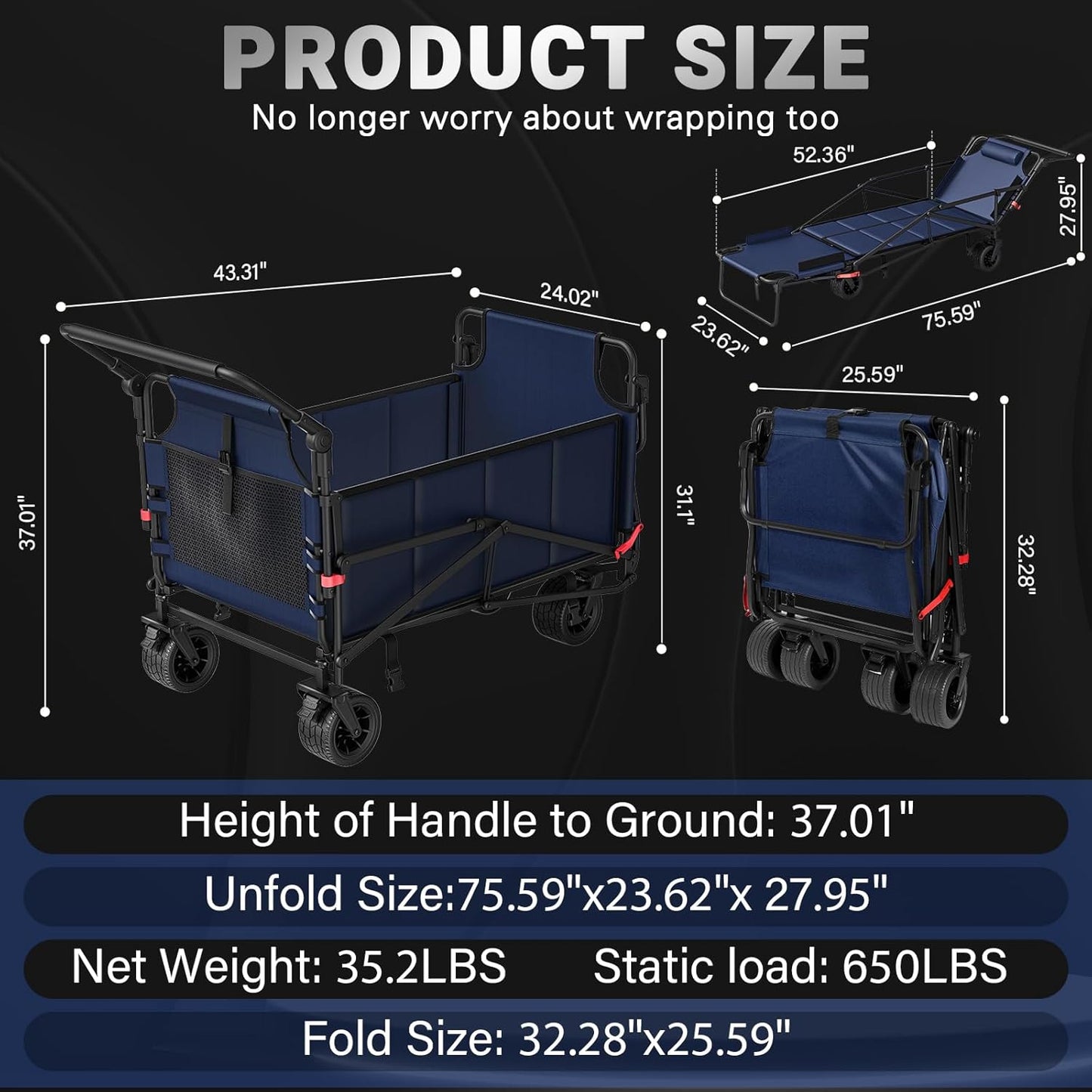 LEVELEVE Heavy Duty Folding Wagon - 2-in-1 Collapsible Cart, 650lb Capacity, All-Terrain Wheels w/Brakes & Side Pockets (Blue)