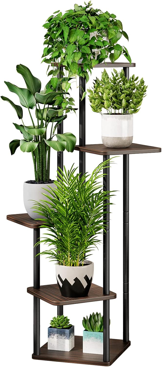 AZERPIAN Plant Stand 5 Tier Indoor Metal Flower Shelf for Multiple Plants Corner Tall Flower Holders for Patio Garden Living Room Balcony Bedroom, Black Oak (5 Tier-Black Oak)