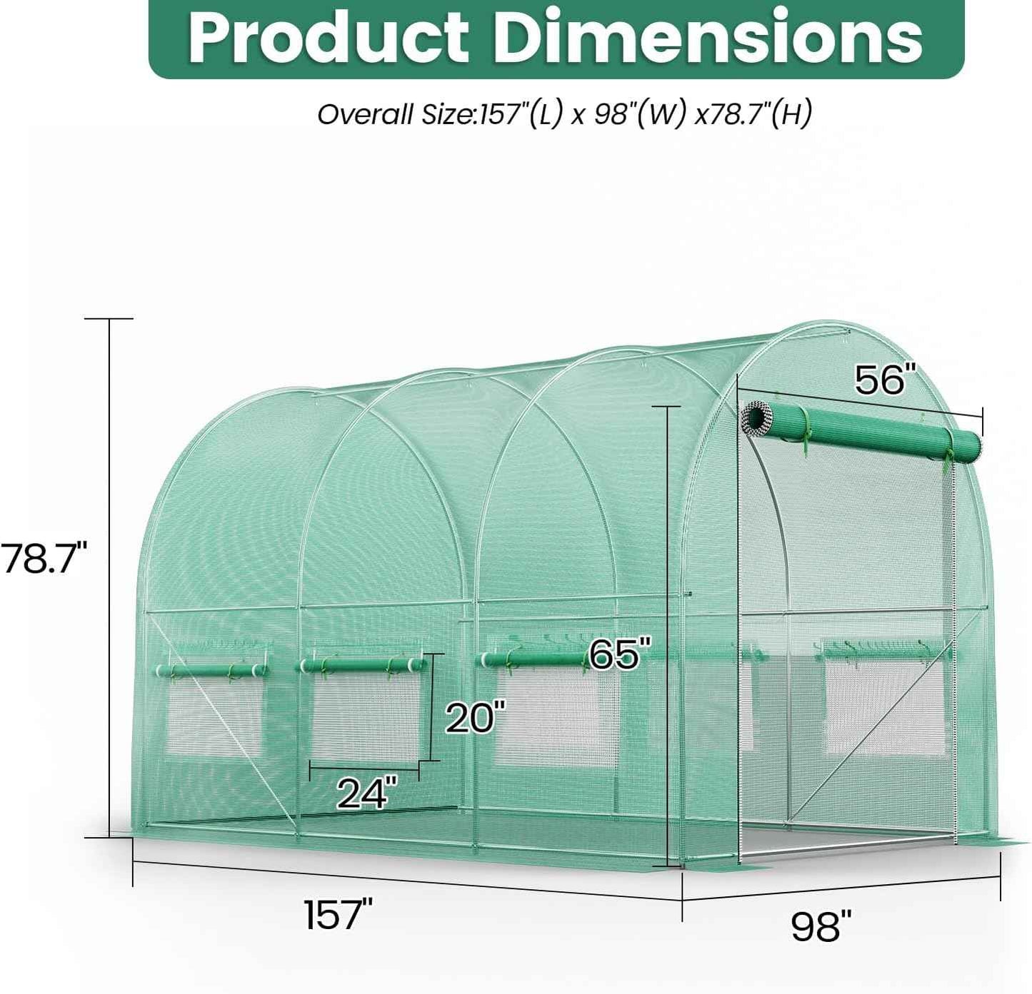 Walk-in Greenhouse 13×8×7FT, Outdoor Tunnel Greenhouse, Large Plant Hoop House for Outside, Hot House for Winter with 6 Ventilated Mesh Windows, Galvanized Steel Frame (Green, 13×8×7FT)