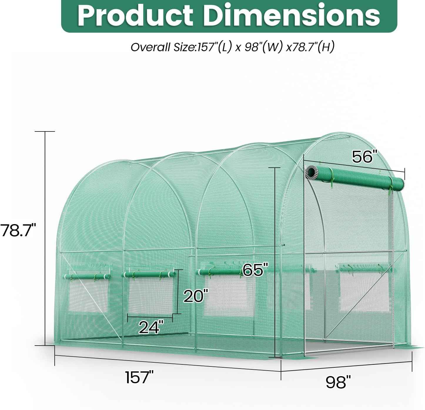 Walk-in Greenhouse 13×8×7FT, Outdoor Tunnel Greenhouse, Large Plant Hoop House for Outside, Hot House for Winter with 6 Ventilated Mesh Windows, Galvanized Steel Frame (Green, 13×8×7FT)