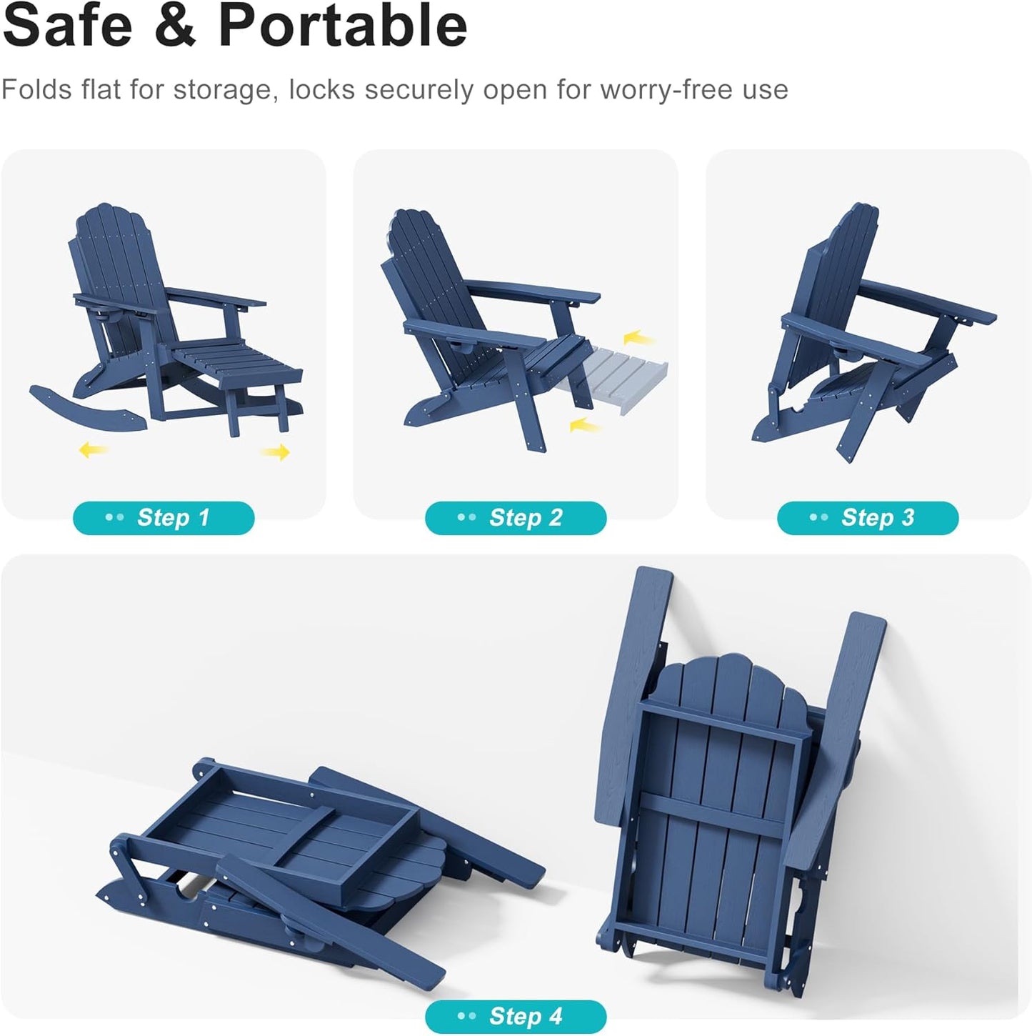 HDPE Outdoor Rocking Chairs Set of 2, 4-in-1 Folding Adirondack Chair with Retractable Ottoman, Patio Rocker with 3-Position Adjustable Backrest & Cup Holder for Porch, Backyard, Pool, Navy Blue