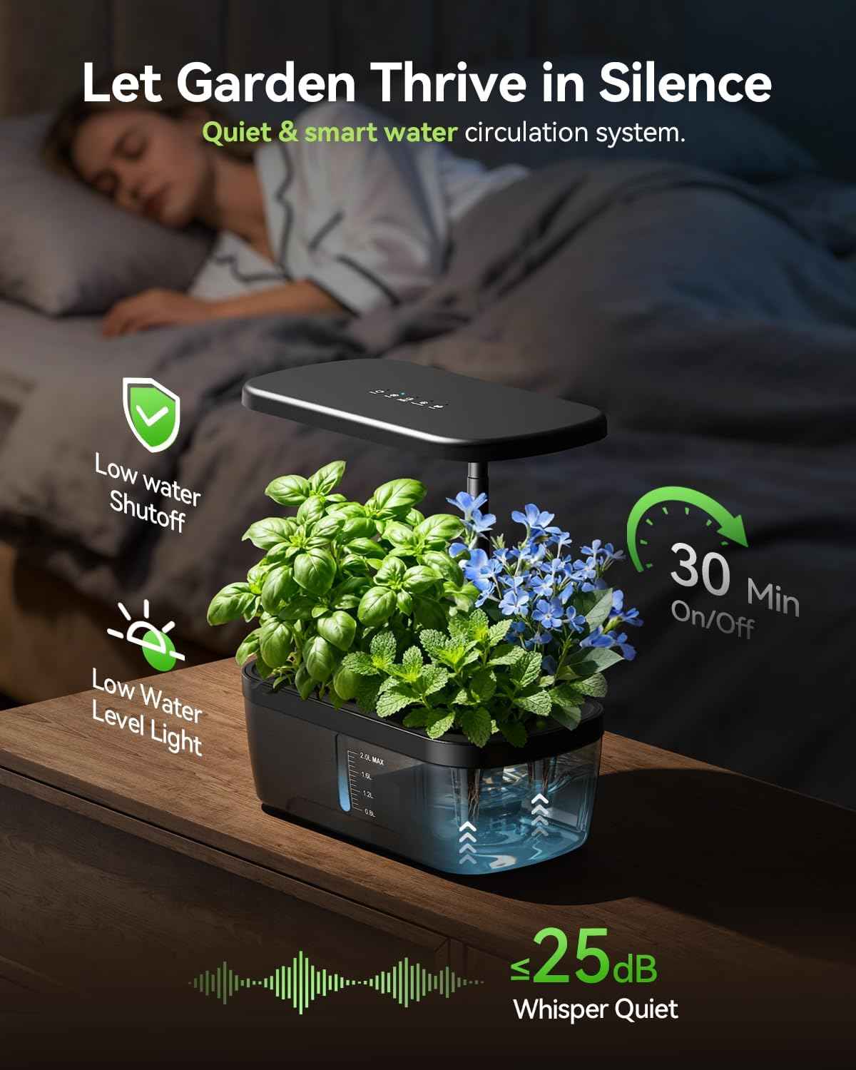 Hydroponics Growing System, 6 Pods Smart Indoor Herb Garden with LED Grow Light, Auto Timer, Height Adjustable, Quiet Pump, Gardening Gifts for Mom Women - Black