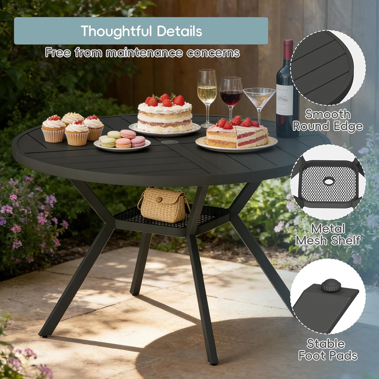 47" Outdoor Patio Table Dining Table, All Weather Metal Round Patio Table with Adjustable Umbrella Hole, Patio Furniture for Lawn Garden Backyard, Black