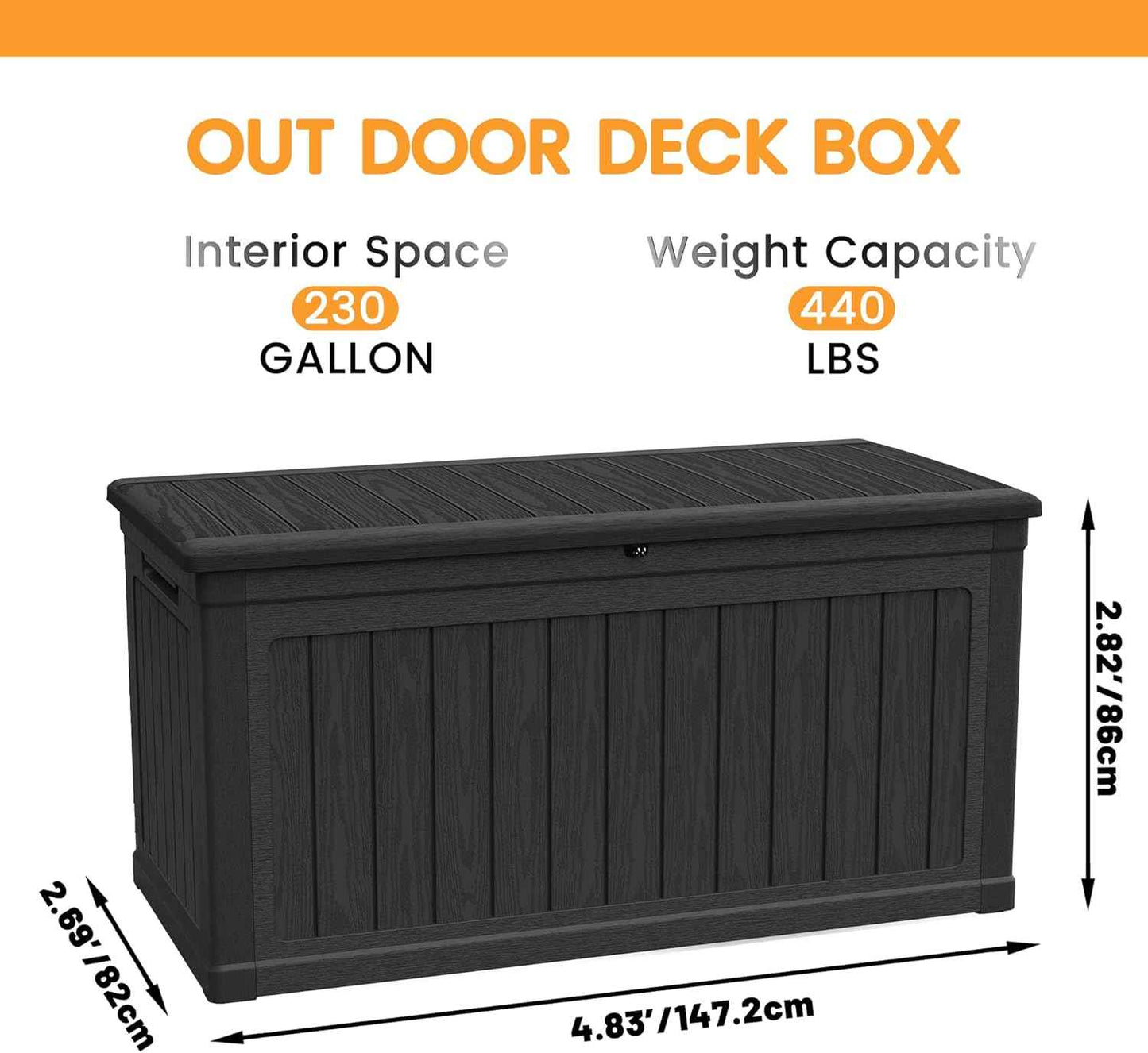 230 Gallon Lockable Resin Deck Box, Waterproof Outdoor Storage Box for Patio Furniture Cushions, Garden Tools & Pool Accessories Storage, Black