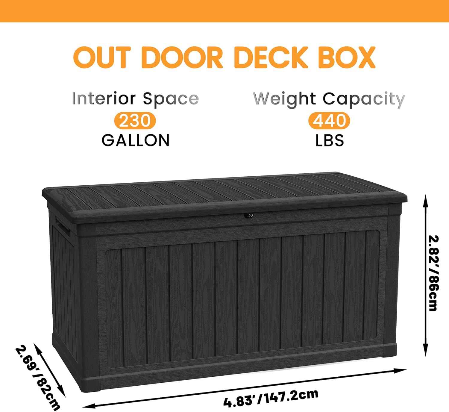 230 Gallon Lockable Resin Deck Box, Waterproof Outdoor Storage Box for Patio Furniture Cushions, Garden Tools & Pool Accessories Storage, Black