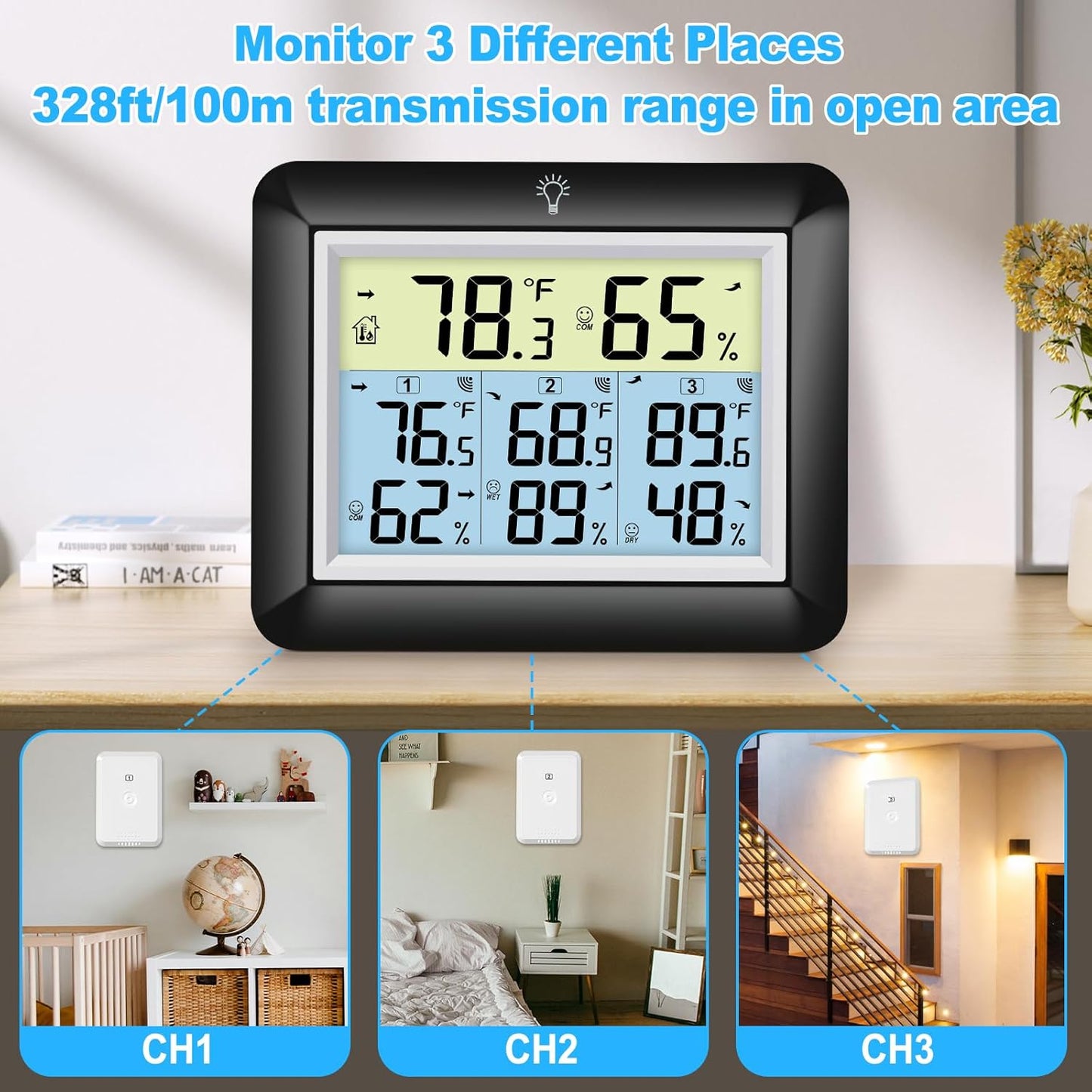 Urageuxy Wireless Indoor Outdoor Thermometer Hygrometer, Digital Temperature and Humidity Monitor with 328ft Range Remote Sensor for Home, Greenhouse, Bedroom, Kitchen, Refrigerator, Black