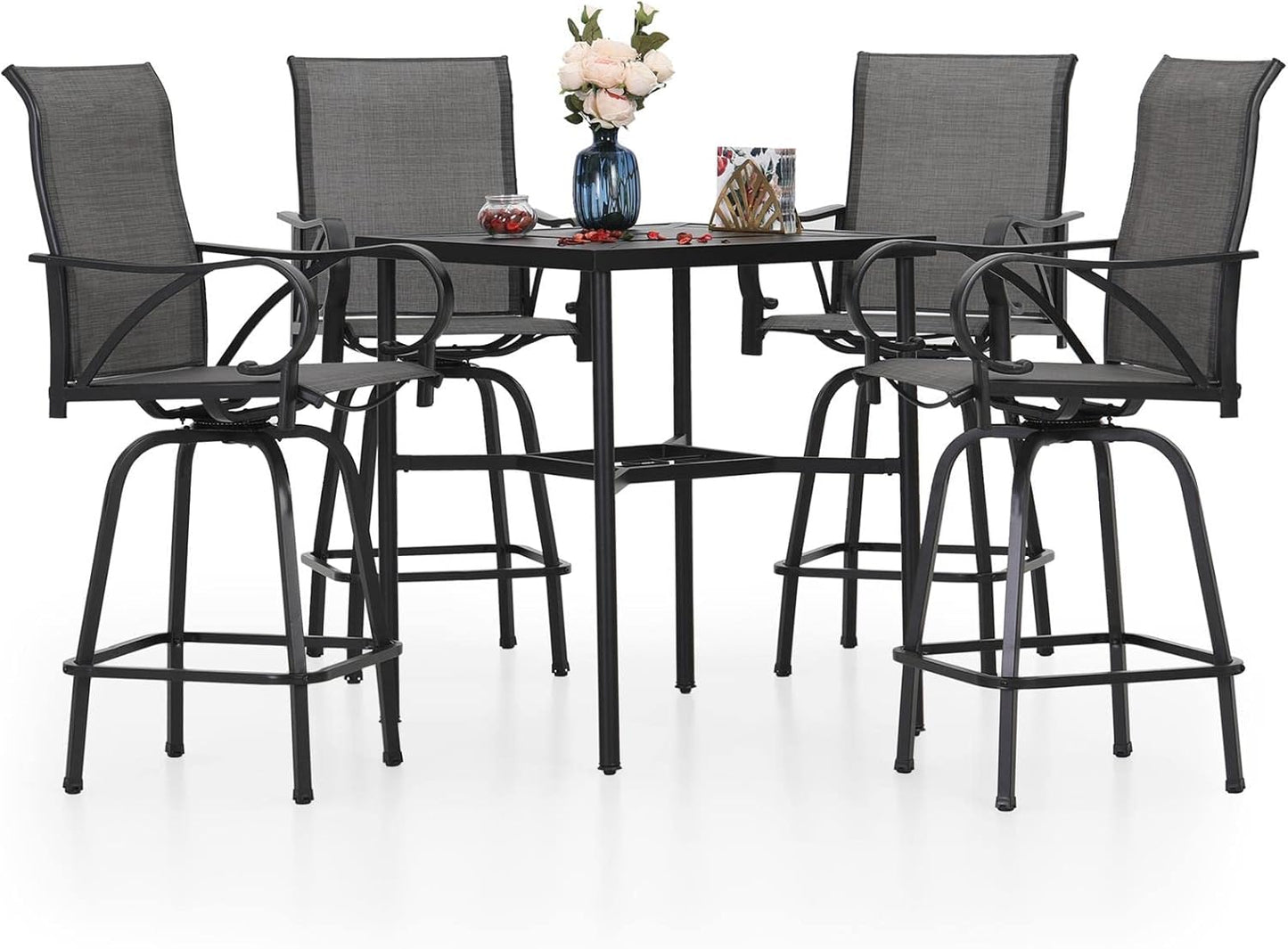 PHI VILLA 5 Piece Patio Bar Set, Bar Height Outdoor Bistro Table and Chairs with Swivel Bar Stools (Gray) and Square Metal Bar Table for Deck, Garden and Porch