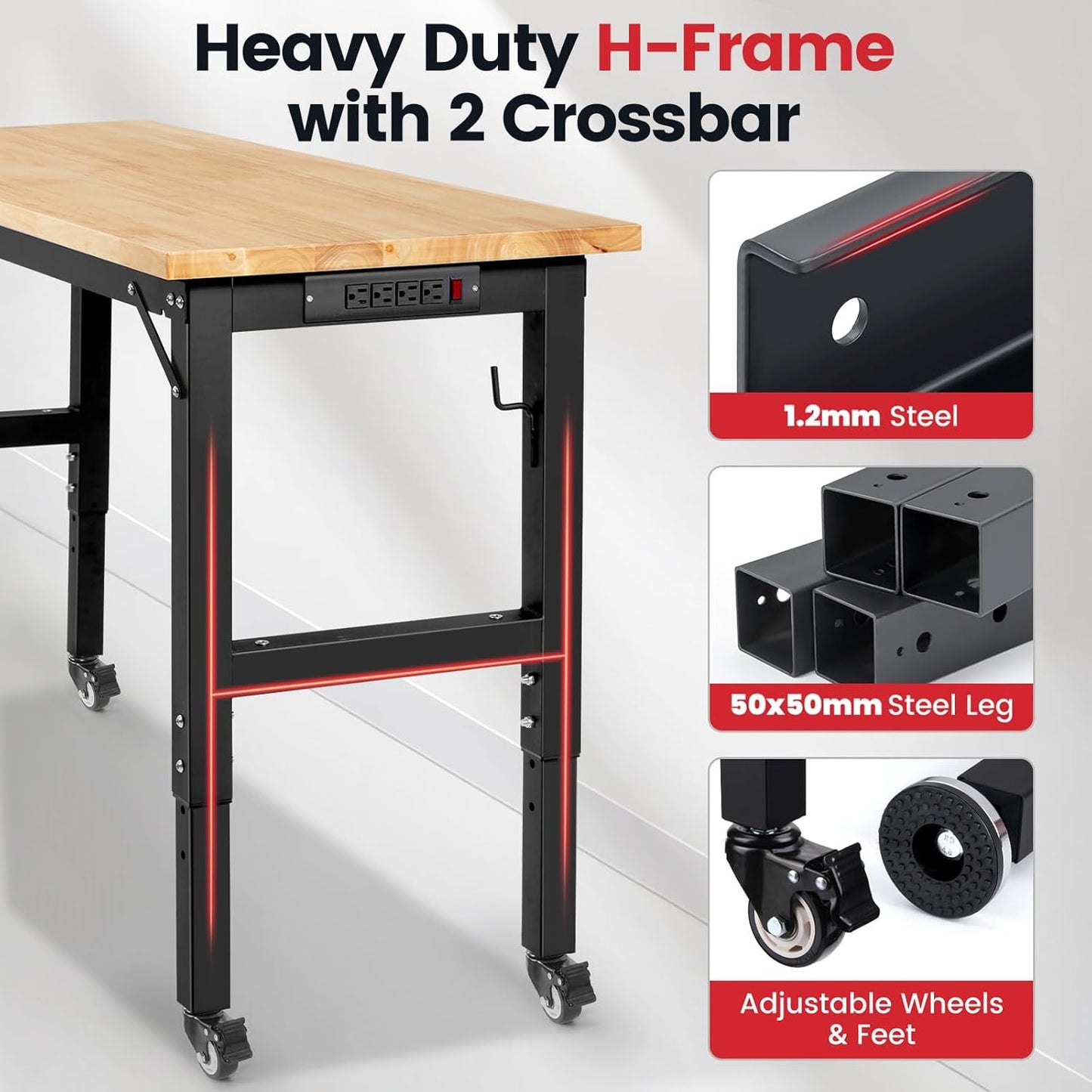 Workbench for Garage 48 Inch Work Bench with Wheels Adjustable Height Work Bench with Pegboard, Power Outlets for Woodworking, Home, Office, Workshop