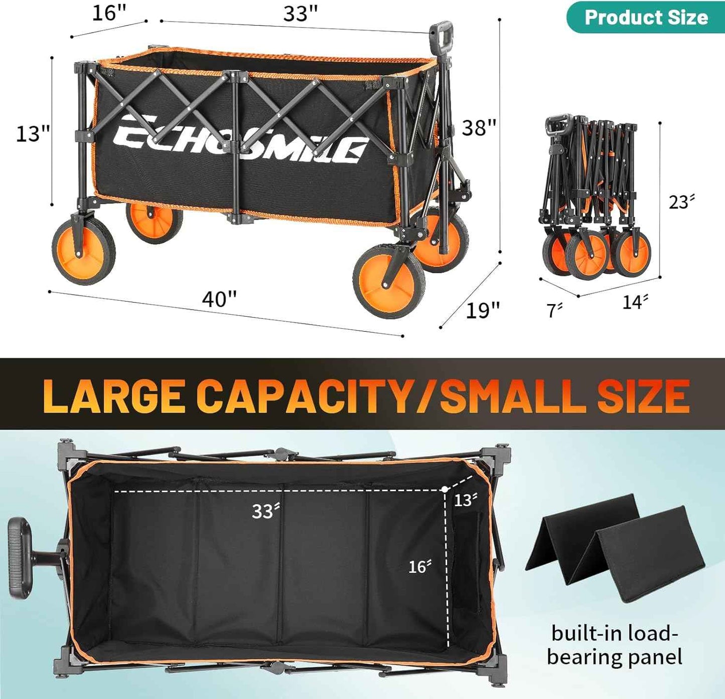 Collapsible Foldable Wagon with 300lbs Weight Cart Heavy Duty Folding Beach Wagon Cart with Wheels and Adjustable Handle for Camping Garden Sports Outdoor Activities Shopping,Black and Orange