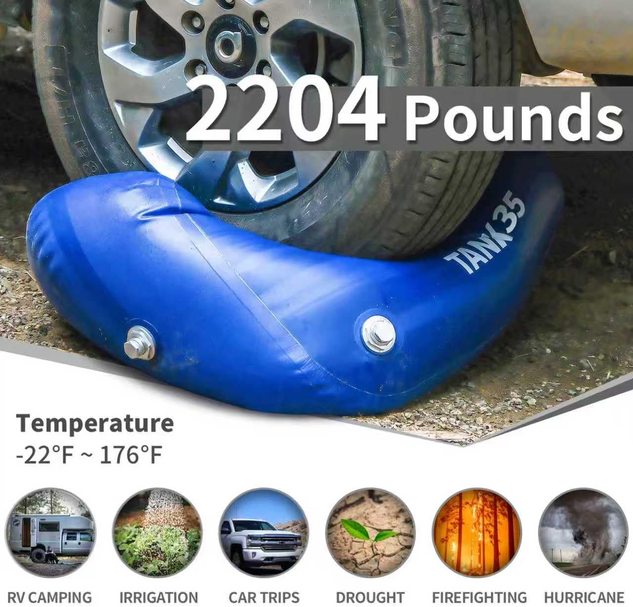 TPU Water Storage Bladder, 35 Gallon Portable RV Fresh Water Tank, Food Grade BPA Free Collapsible Flexible Container for Drinking, Camping, Irrigation & Emergency-Hurricane, Drought, Fire (3/4” GHT)