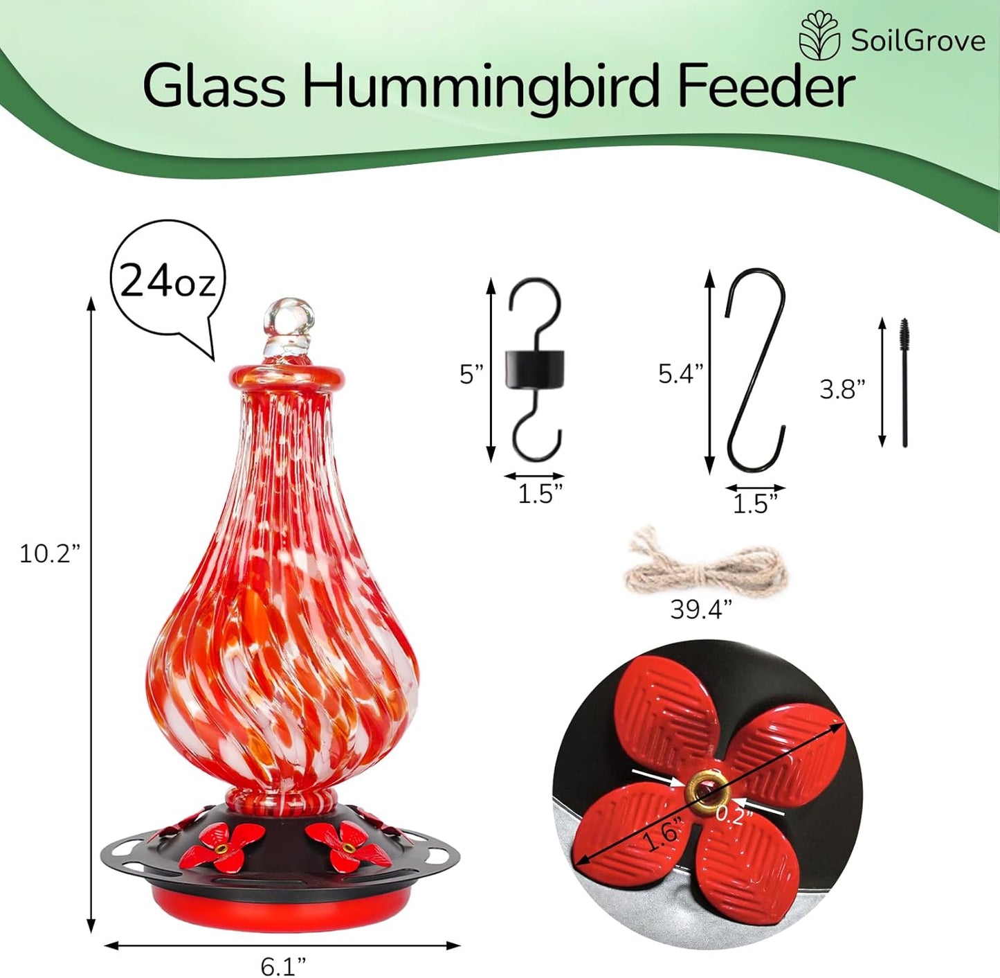 Glass Hummingbird Feeder,24oz Red Hand Blown Humming Bird Feeders for Outdoors Hanging with 5 Feeding Ports & Ant Moat, for Women Men,Hanging Garden Decor
