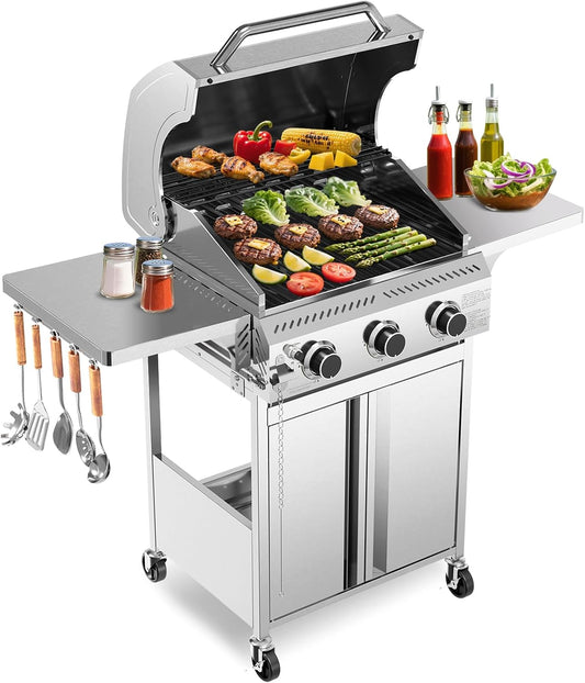 R.W.FLAME Stainless Steel Propane Gas Grill, 3 Burner 24000BTU BBQ Grills, Foldable Side Table, Enamel Wire Grate, Removable Grease Tray, Barbecue Grill for Outdoor Cooking, Backyard, Patio, Deck