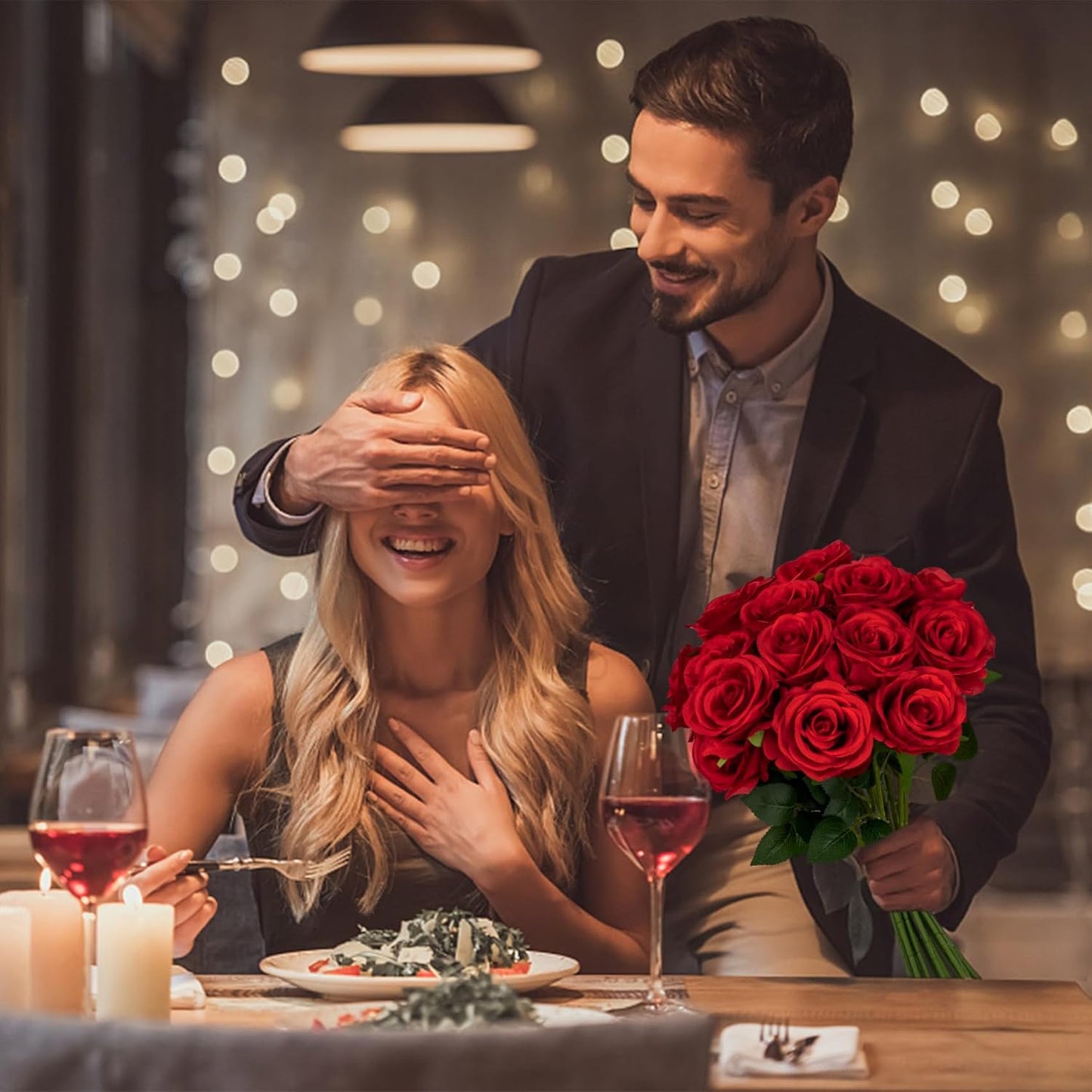 Ouddy Decor 20 Pcs Red Roses Artificial Silk Flowers Fake Roses Bouquet with Long Stems for Mother's Day Decor Wedding Home Party Table Centerpieces Bridal Bouquet DIY Floral Arrangment, Red