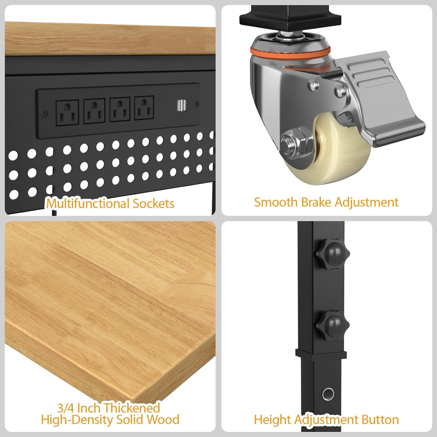 70" Adjustable Workbench,Heavy-Duty Work Table,3000 LBS Load Capacity Hardwood Workstation Outlets with Power Strips, Drawers and Wheels,for Workshop, Garage