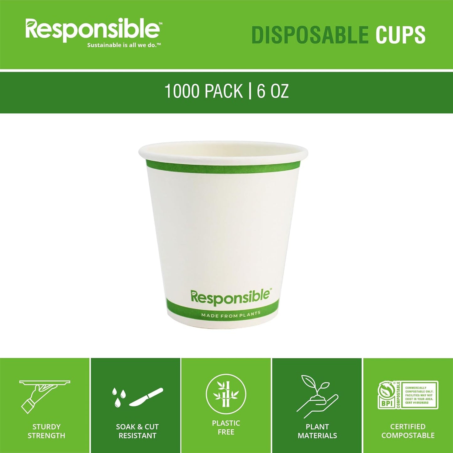 6 oz Paper Hot Cups Bulk, Tree-Less™ Compostable Paper Coffee Cups, Extra Strength, Tree-Free and Made Without PFAS, White (1000 Count)