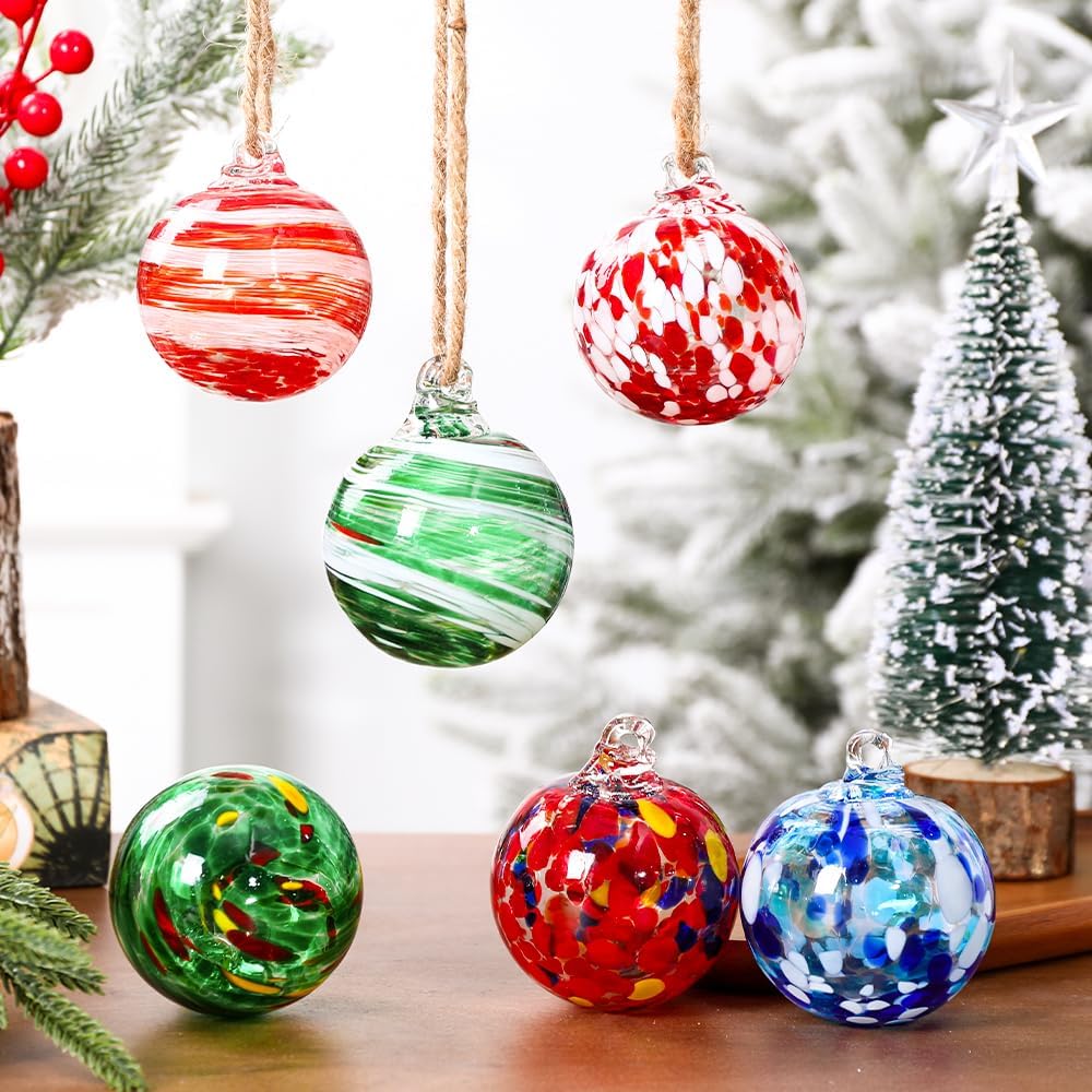 Vellibring 6 PCS Glass Christmas Ball Ornaments,Hand Blown Glass Ornaments Balls Hanging Decor Balls for Xmas Tree Home Window Outdoor Garden Patio Decoration