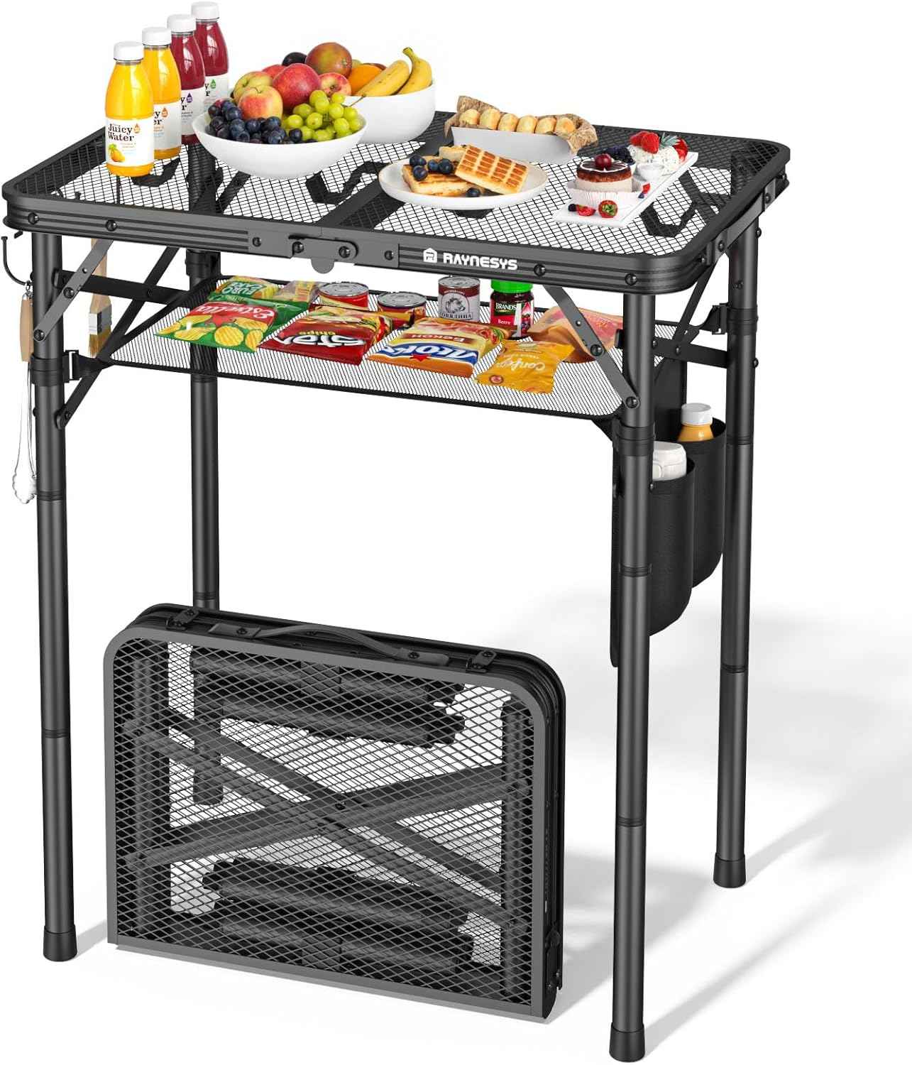 Folding Grill Table for Outside, 3 Height Adjustable Small Camping Table with Mesh Bag, Metal Aluminum Folding Table, 23.62 x 15.75 inches, Portable Grill Stand for Picnic, Camping, BBQ, Beach, Black