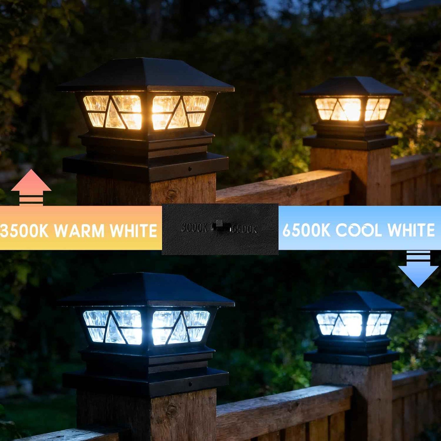 TW SHINE 4 Pack Solar Outdoor Fence Post Lights, 2 Modes Post Cap Lights Waterproof Color Changing Warm White/Cool White for Yard, Garden, Porch, Patio Decor, for 4x4 5x5 6x6 Wood Posts