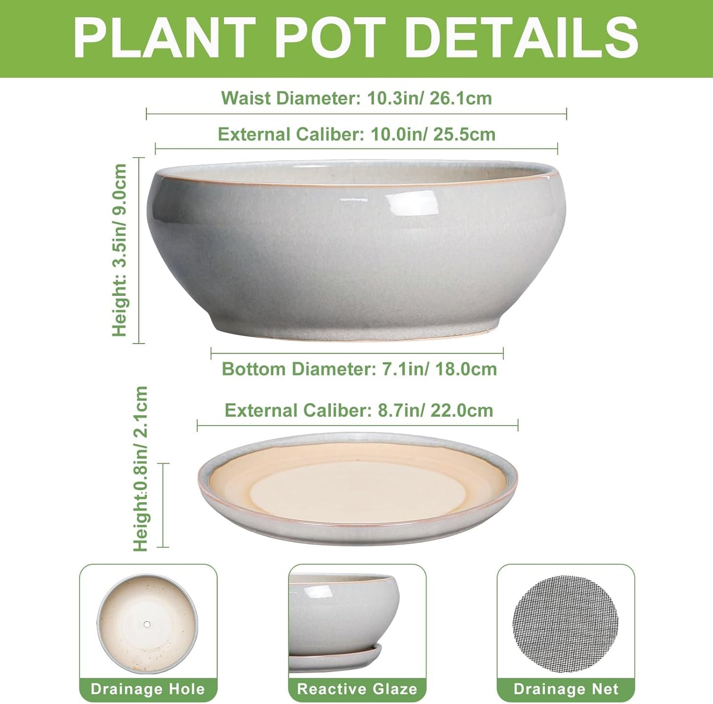 SQOWL Bonsai Pots - 10 Inch Ceramic Succulent Pots with Drainage Hole and Saucer, Large Shallow Indoor Planter, Bowl Round Planter Outdoor, Living Room Decor, Plant Lover Gifts, Gray