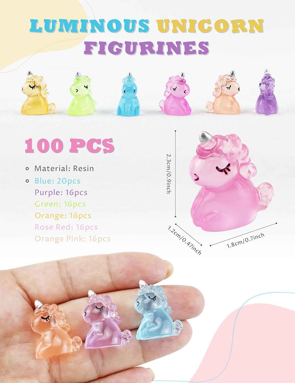 100 PCS Luminous Mini Resin Unicorn Figurines, Tiny Unicorn Miniature Figurines Glow in The Dark for DIY Cake Ornaments, Garden, Landscape, Birthday Party, Room Crafts Decor