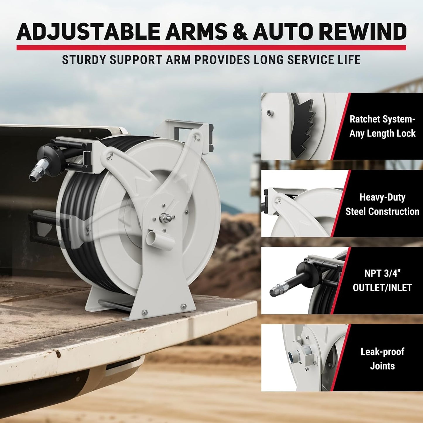 Retractable Fuel Hose Reel with Fueling Nozzle, 3/4" x 66' Diesel Hose 300 PSI Industrial Heavy Duty Auto Swivel Rewind Holder Reel for Aircraft Ship Vehicle Truck Fuel Transfer Tank