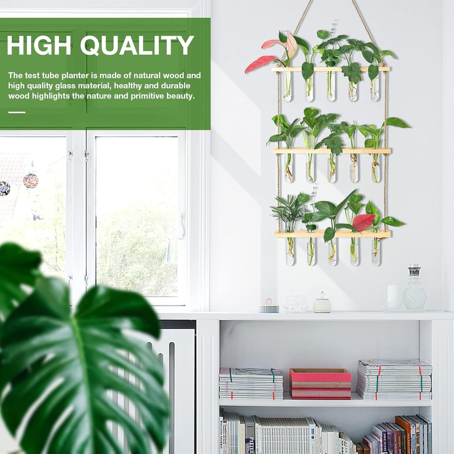 XXXFLOWER Wall Hanging Propagation Station with Wooden Stand 5 Glass Test Tubes 3 Tiered Planters Wall Terrarium for Home Office Plant Hanger Flower Vases Wall Decor Hydroponic Cuttings